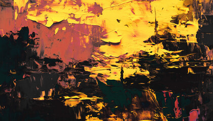 Abstract oil painting, gold yellow, pink, black brush strokes background, wallpaper, paint texture, bold art, expressive artwork, fine realistic detail, modern style, evoking vibrant emotions, feeling
