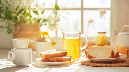 Vintage cups with tea and coffee, with toasts, in the white retro kitchen, sunny morning breakfast at home