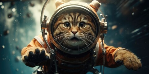 Fototapeta premium a cute cat in an astronaut suit is flying in the moon, AI Generative