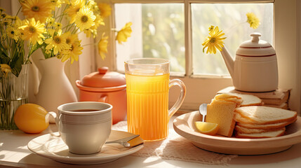 Vintage cups with tea and coffee, with toasts, in the white retro kitchen, sunny morning breakfast at home