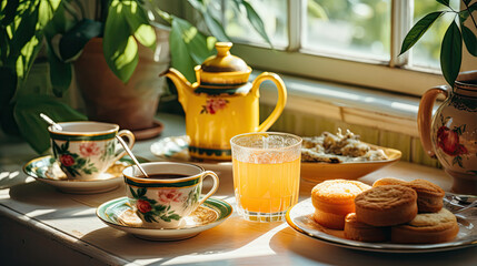 Vintage cups with tea and coffee, with toasts, in the yellow retro kitchen, sunny morning breakfast at home
