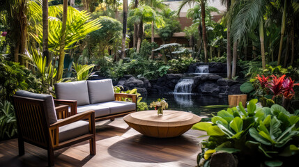 Fototapeta na wymiar Tropischer Garten mit moderner Innenausstattung. Generiert mit KI