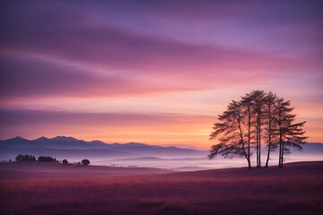 Twilight mountain scene with fog