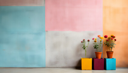 Potted flowers in front of pastel colorful concrete wall, pink and blue on background.