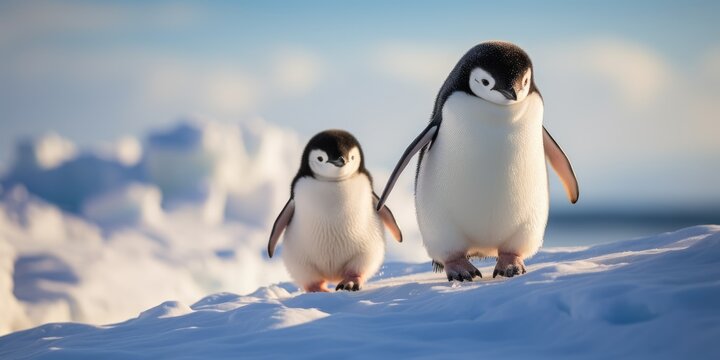 Baby penguin and his mother walking in the snow, AI Generative