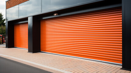 A closeup shot of automatic metal roller door used in factory, storage, garage, and industrial warehouse. The corrugated and foldable metal sheet offer space saving and provide urban and rustic feel - Powered by Adobe