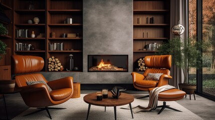 Photo of a cozy living room with a fireplace and comfortable furniture