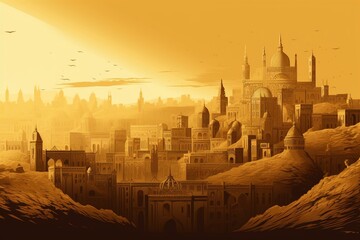 Illustration depicting a majestic city with golden buildings and a skyline reminiscent of ancient Babylon. Generative AI