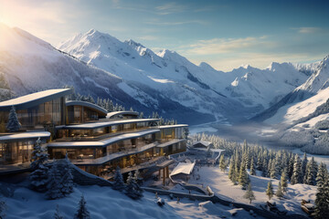 Set amidst a backdrop of towering snow-capped mountains, a luxury resort hotel stands as an...
