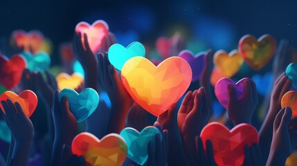 Photo of people expressing love and unity by holding up hearts in the air - obrazy, fototapety, plakaty