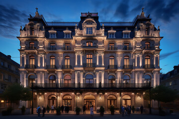 Fototapeta na wymiar As twilight sets, the majestic facade of a historic hotel comes to life, its vintage signboard glowing warmly, welcoming guests who are captured in the midst of their arrival.