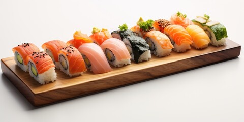 sushi on a white plate and on a wooden table on a white backdrop, AI Generative