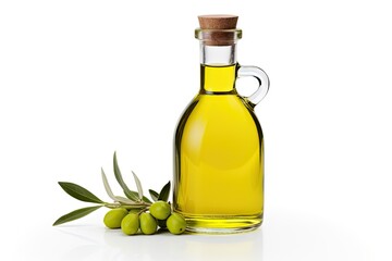 Healthy eating unleashed. Organic olive oil fresh on white background isolated. Liquid gold in glass bottle with harvest. Salad perfection