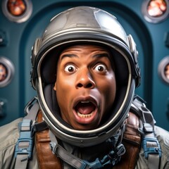 New experience. Close up portrait of surprised Africa-American man in astronaut helmet on board spaceship looking at camera. Concept of youth culture, beauty, fashion, emotions, big sales season. Ad
