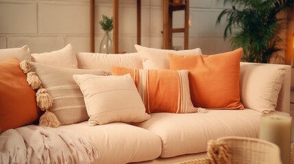 Photo of a cozy living room with a stylish white couch and colorful pillows