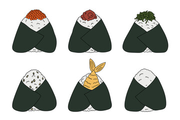 Hand drawn onigiri clipart set. Japanese fast food made of rice. Rice ball in nori seaweed