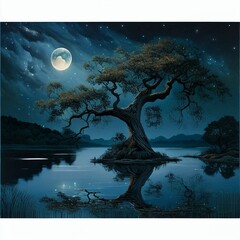 night landscape with tree and moon