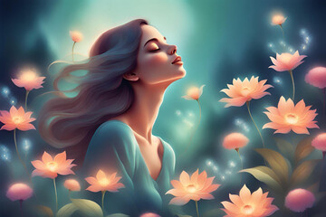 Beautiful girl with long hair surrounded by flowers. Generative AI