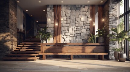 Photo of a rustic wooden bench against a textured stone wall