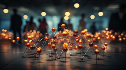 Modell eines molekularen Netzwerks als Dekoration in einem Raum voller Menschen auf einem Geschäftstreffen - obrazy, fototapety, plakaty