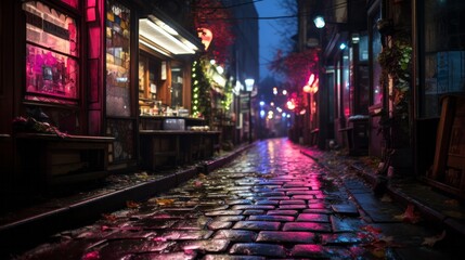Nacht in einer kleinen Nebenstraße der Innenstadt einer fiktiven europäischen Großstadt bei schlechtem Wetter - obrazy, fototapety, plakaty