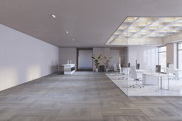 Modern spacious coworking office interior with glass partition, panoramic windows and city view, furniture and daylight. 3D Rendering.