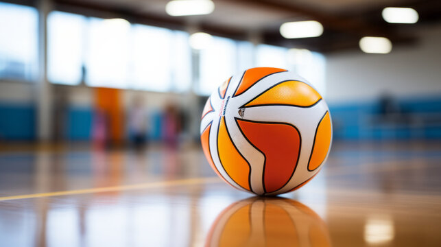 Ein orange-wei&szlig; leuchtender Basketball liegt auf dem Boden einer modernen Sporthalle