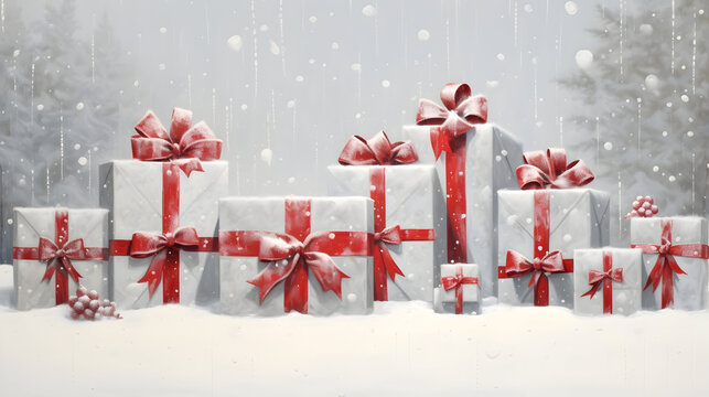 Christmas gifts with red ribbon in a large row on snow covered surface, snowfall and abstract background with snowflakes and trees.