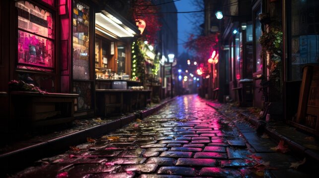 Nacht in einer kleinen Nebenstra&szlig;e der Innenstadt einer fiktiven europ&auml;ischen Gro&szlig;stadt bei schlechtem Wetter