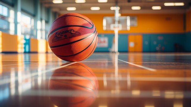 Ein neuer von der Sone beleuchteter Basketball liegt auf dem Boden einer modernen Sporthalle, im HIntergrund der Basketballkorb