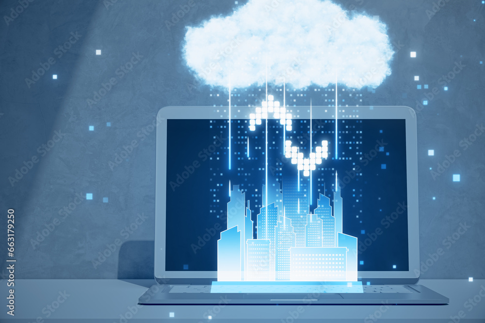 Poster Close up of laptop computer on desk with hologram. Cloud computing concept. Smart city wireless internet communication with cloud storage, cloud services. Download, upload data on server. 