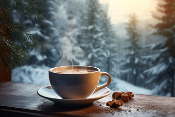 Generative AI Image of a Cup of Hot Coffee on Wooden Table with Winter Nature View - obrazy, fototapety, plakaty