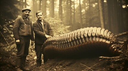 Zwei Männer aus dem Jahr 1890 stehen in einem Wald und betrachten einen überdimensioniert großen außerirdischen Wurm - obrazy, fototapety, plakaty