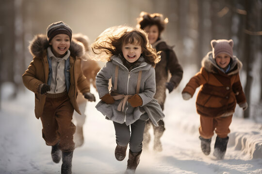 Group of children running in winter forest having fun, laughing, smiling, running toward the camera, snow cover, backlight.