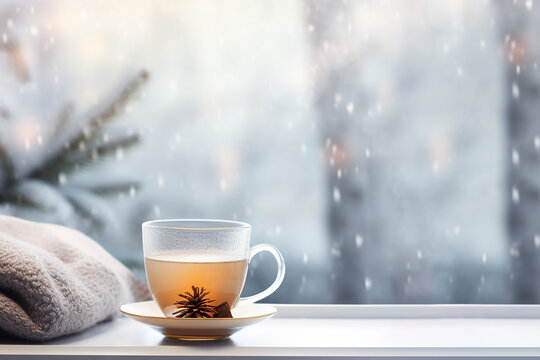 Generative AI Image of a Cup of Tea with Winter Snowfall From the Window