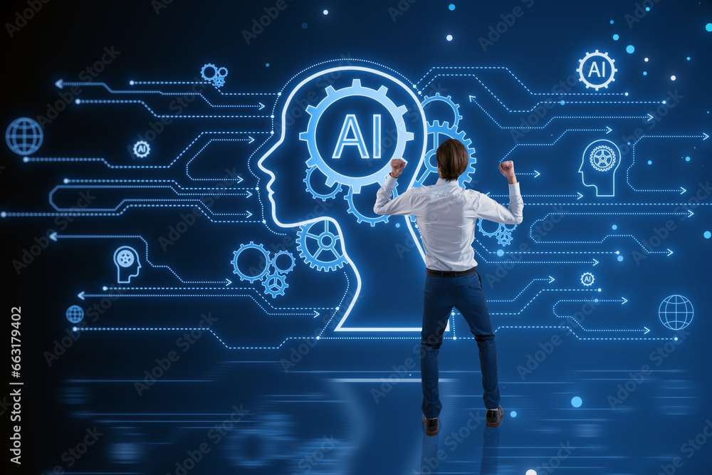 Aufkleber back view of successful young man with creative ai head outline hologram with circuit on blurry blue