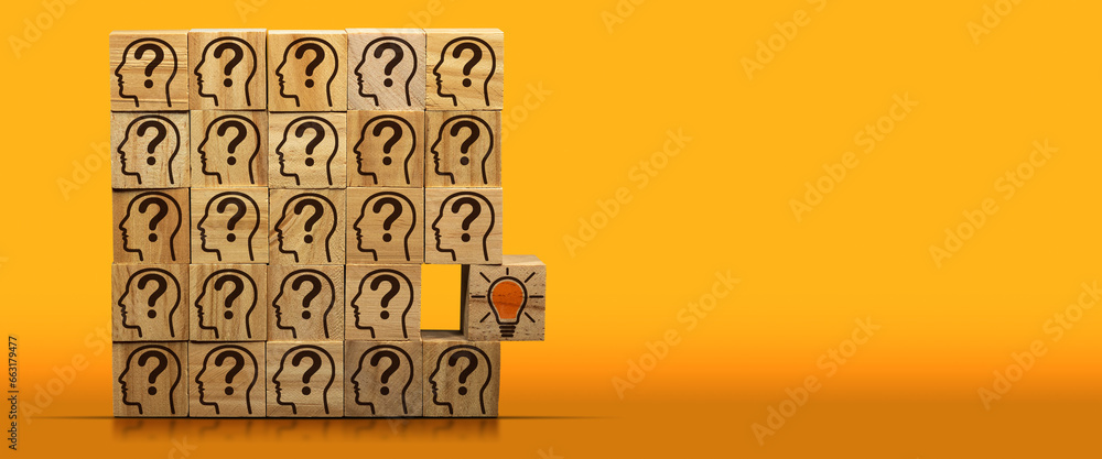 Poster concept of creative idea and innovation. group of wooden blocks with many symbols with human heads a