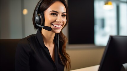Joyful Customer Helpline Agent: Woman Smiling in Headset - obrazy, fototapety, plakaty