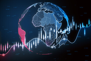 Creative glowing falling red forex chart and globe on blurry backdrop. Global economy, recession and crisis concept. 3D Rendering.