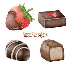 chocolate and strawberry, hand drawn watercolor illustration isolated on white background.