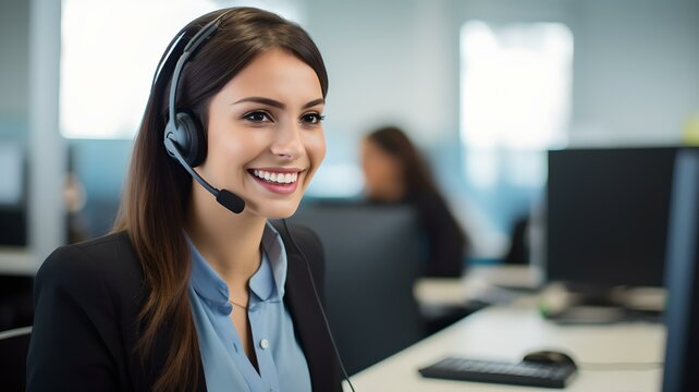 Helpful Support Staff: Smiling Female Operator with Headset