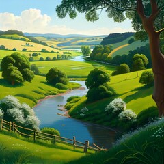 landscape with green trees and river