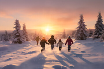 Group of children running away from camera in winter field with forest, snow cover, trees in the background with setting sun.