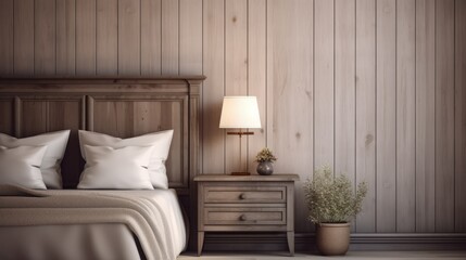 Photo of a cozy bedroom with a comfortable bed and stylish nightstand