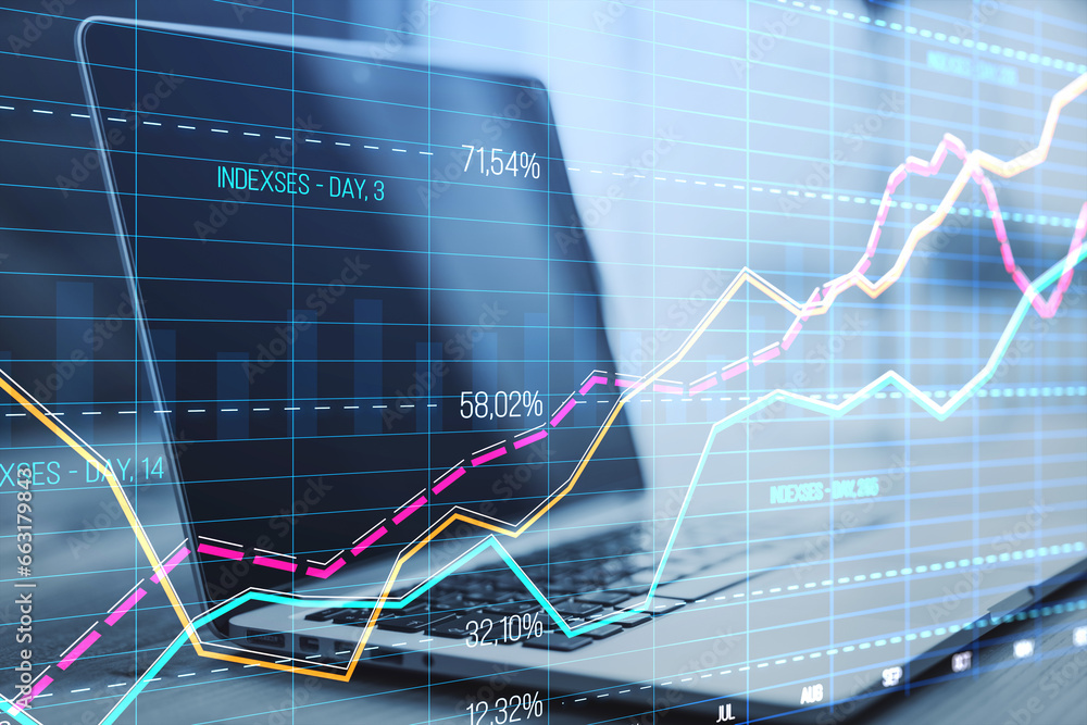 Aufkleber close up of laptop with creative business graph with index and grid on blurry background. stock mark