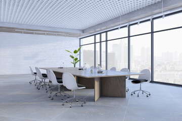 Contemporary coworking office interior with window and city view, furniture, other objects and daylight. 3D Rendering.