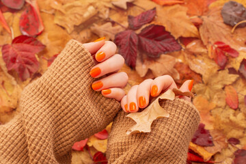 female hands with orange manicure   on  background of autumn leaves