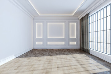 Modern luxury interior with window, city view and curtains, classic decorative concrete walls, daylight and wooden flooring. 3D Rendering.