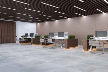 Modern beige coworking office interior with furniture and plant partitions. 3D Rendering.