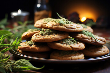 marijuana cookies and medical cannabis leaves on table - obrazy, fototapety, plakaty